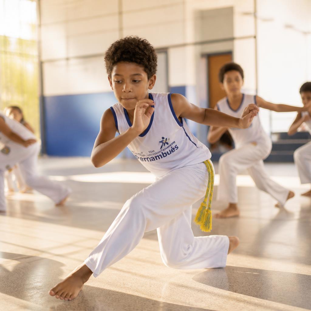 Criança praticando a ginga da capoeira em uma quadra escolar